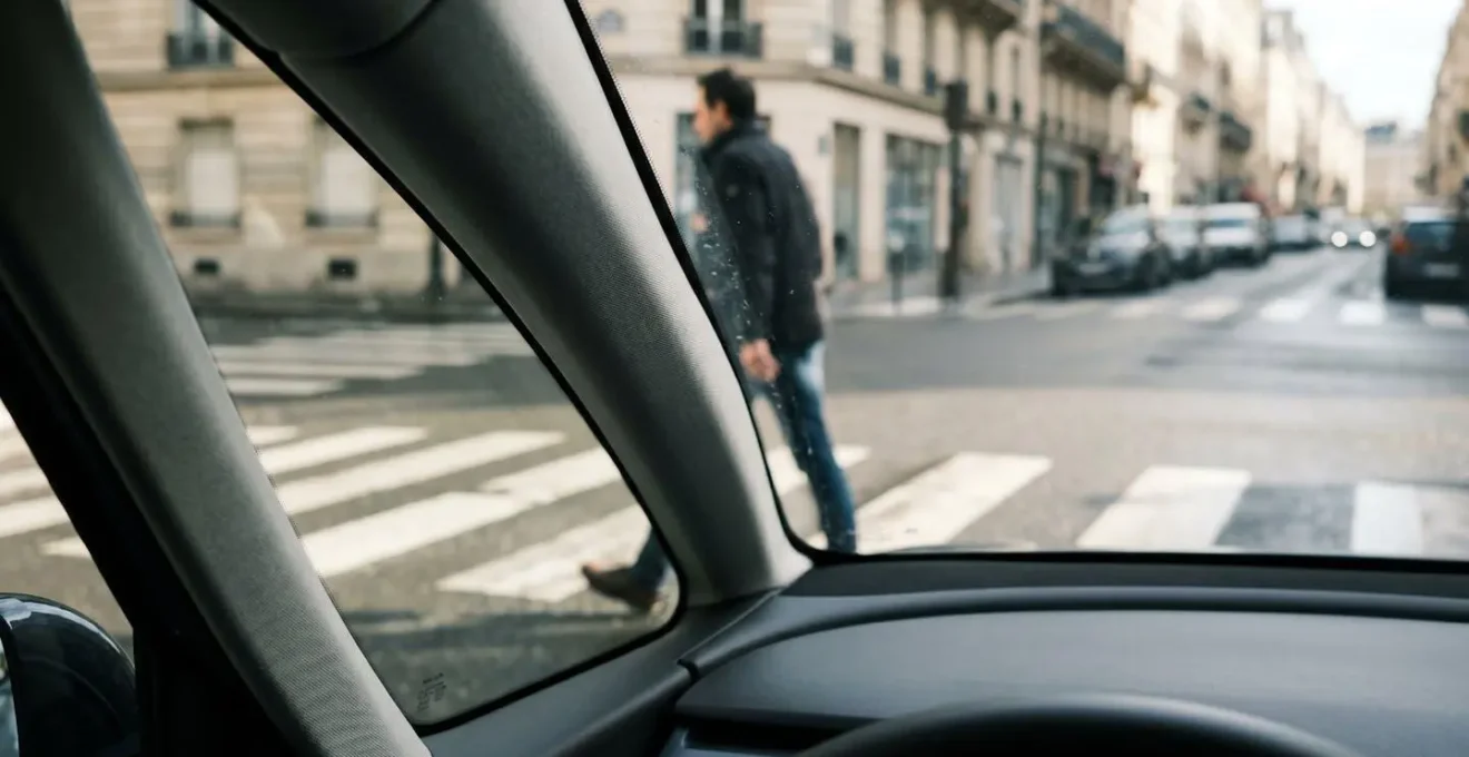 Vue depuis l'intérieur d'une voiture montrant un piéton partiellement caché par le montant du pare-brise