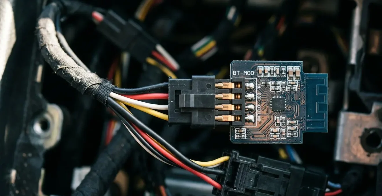 Gros plan sur un boîtier Bluetooth connecté derrière un autoradio d'origine avec câbles et connecteurs