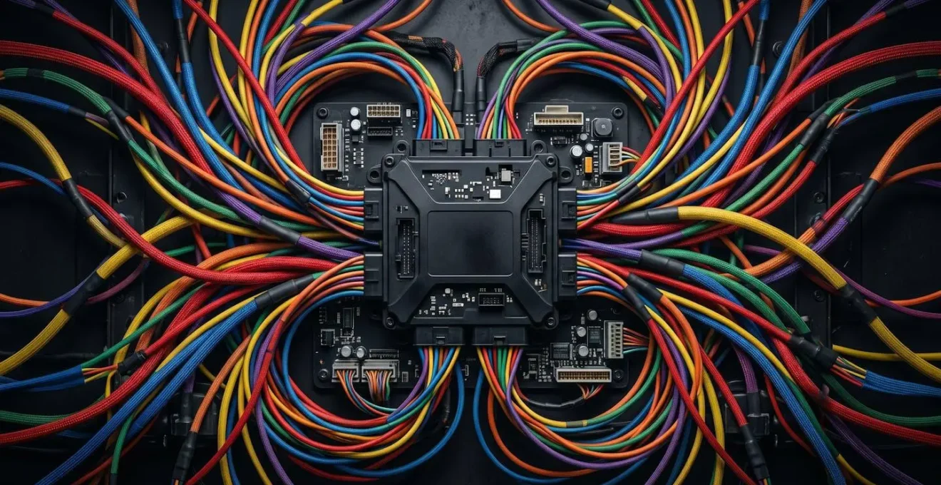 Boîtier électronique de gestion multiplexée avec câbles colorés connectés