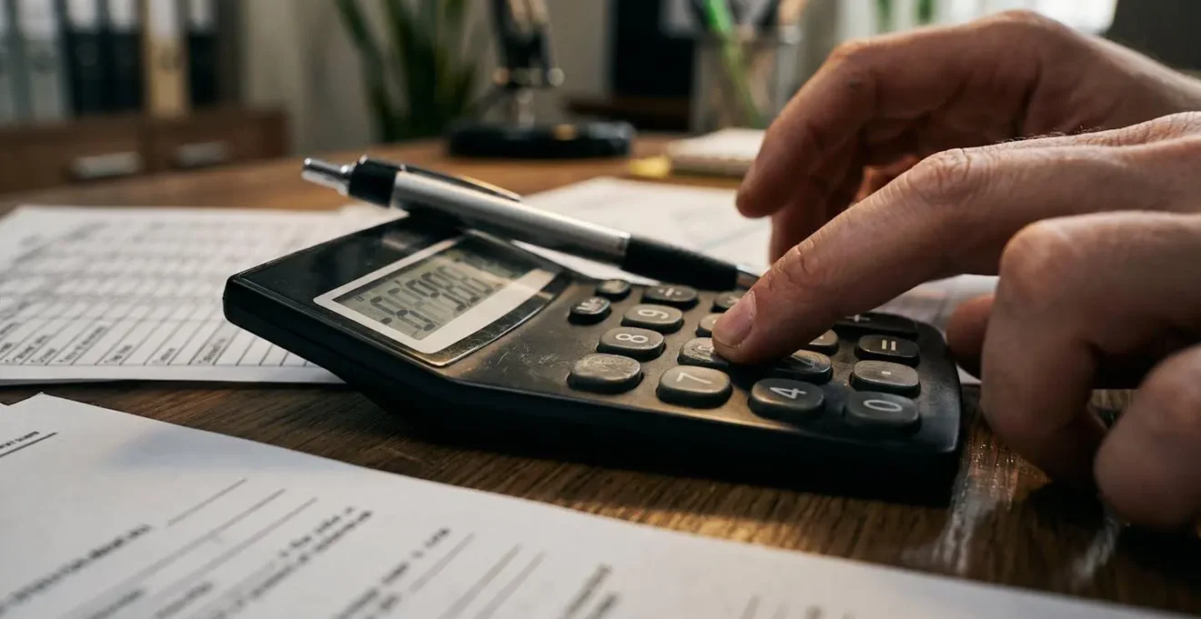 Gros plan sur des mains calculant une offre de reprise avec calculatrice et documents financiers