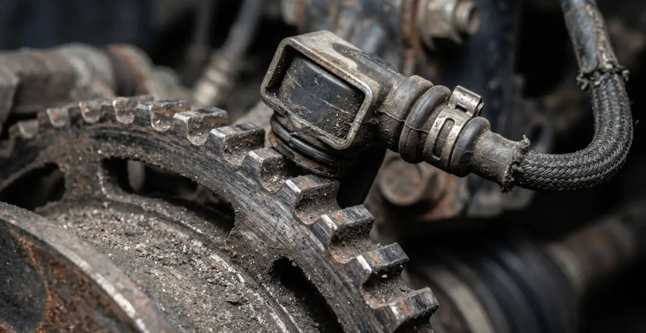 Vue macro d'un capteur de vitesse de roue avec couronne dentée métallique