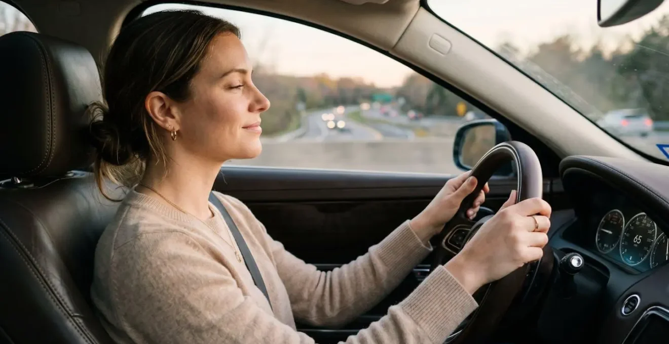 Intérieur feutré d'une berline moderne sur autoroute
