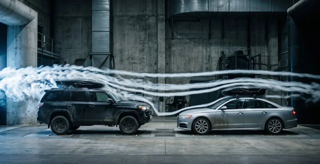 Vue latérale comparative montrant le flux d'air autour d'un SUV et d'une berline équipés de coffres de toit