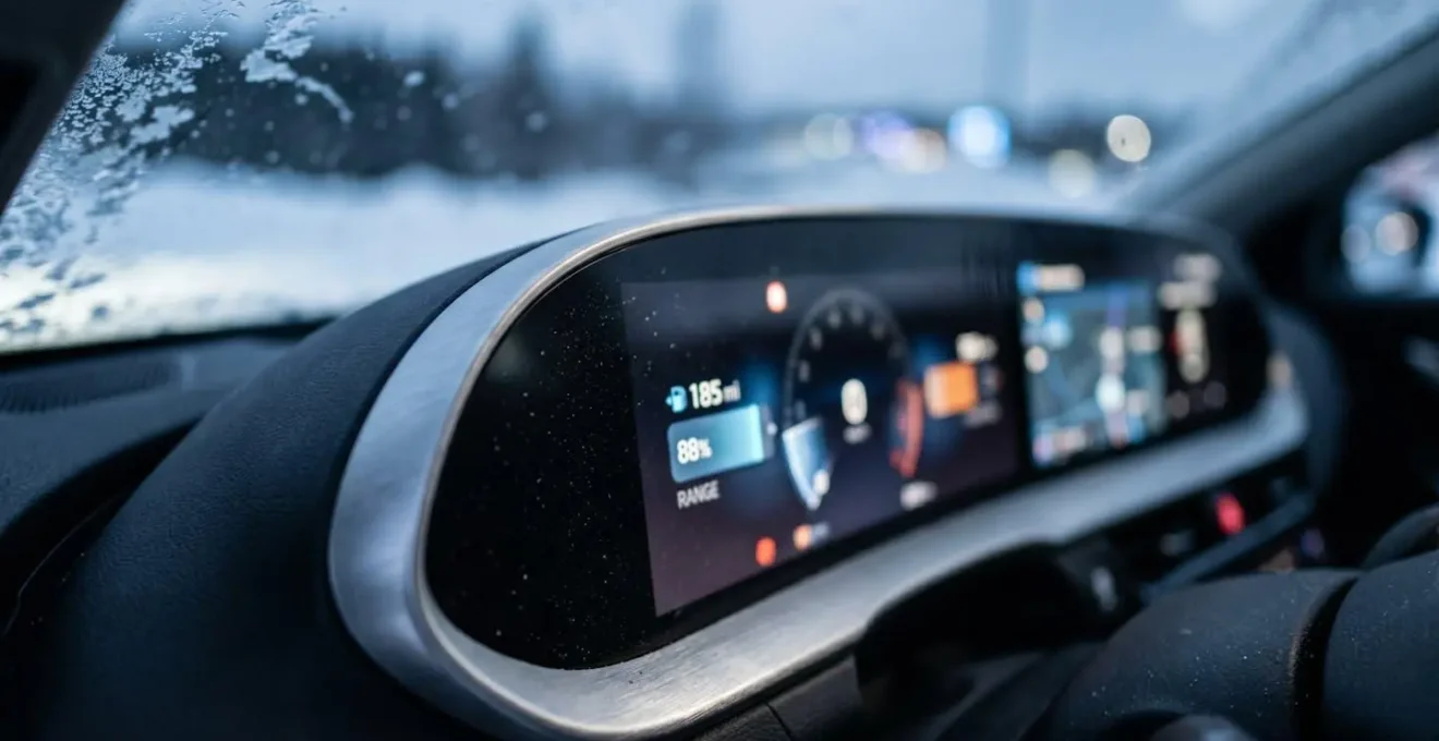 Tableau de bord numérique d'une citadine électrique montrant l'autonomie restante en conditions hivernales