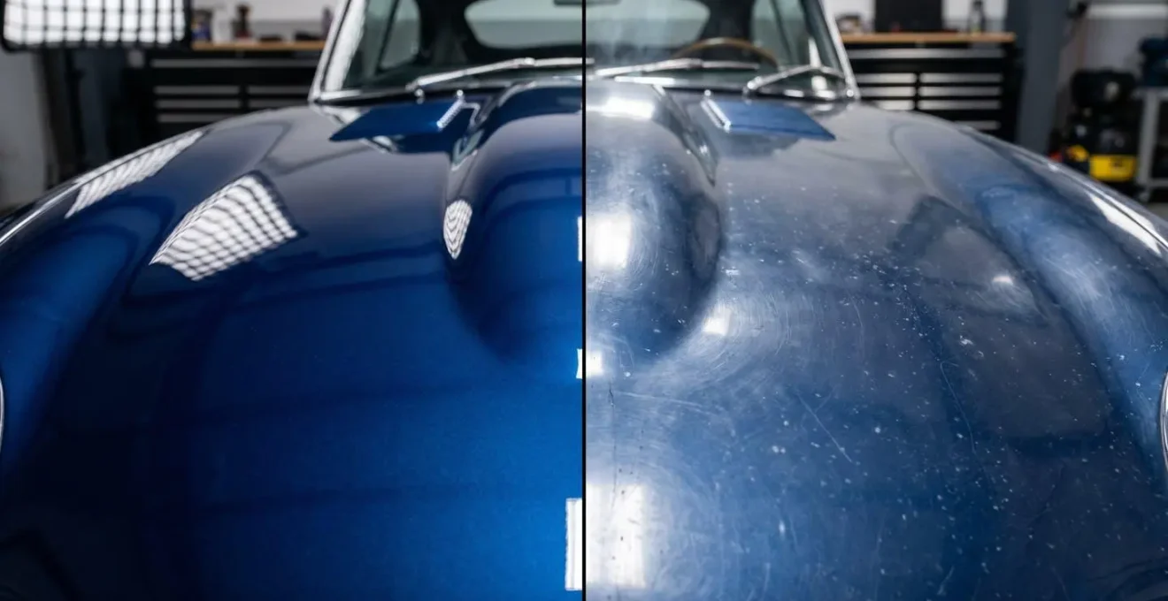 Détail macro d'une carrosserie de Mazda MX-5 montrant la différence entre état concours et état usage