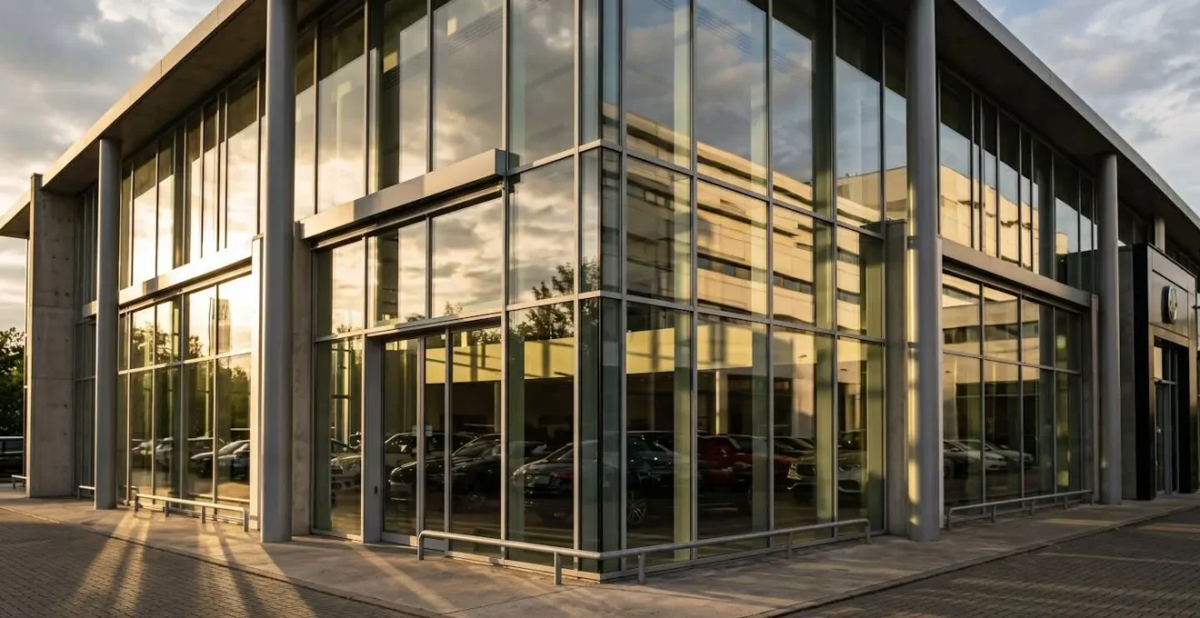 Voiture en vitrine de concession avec reflets et ombres architecturales