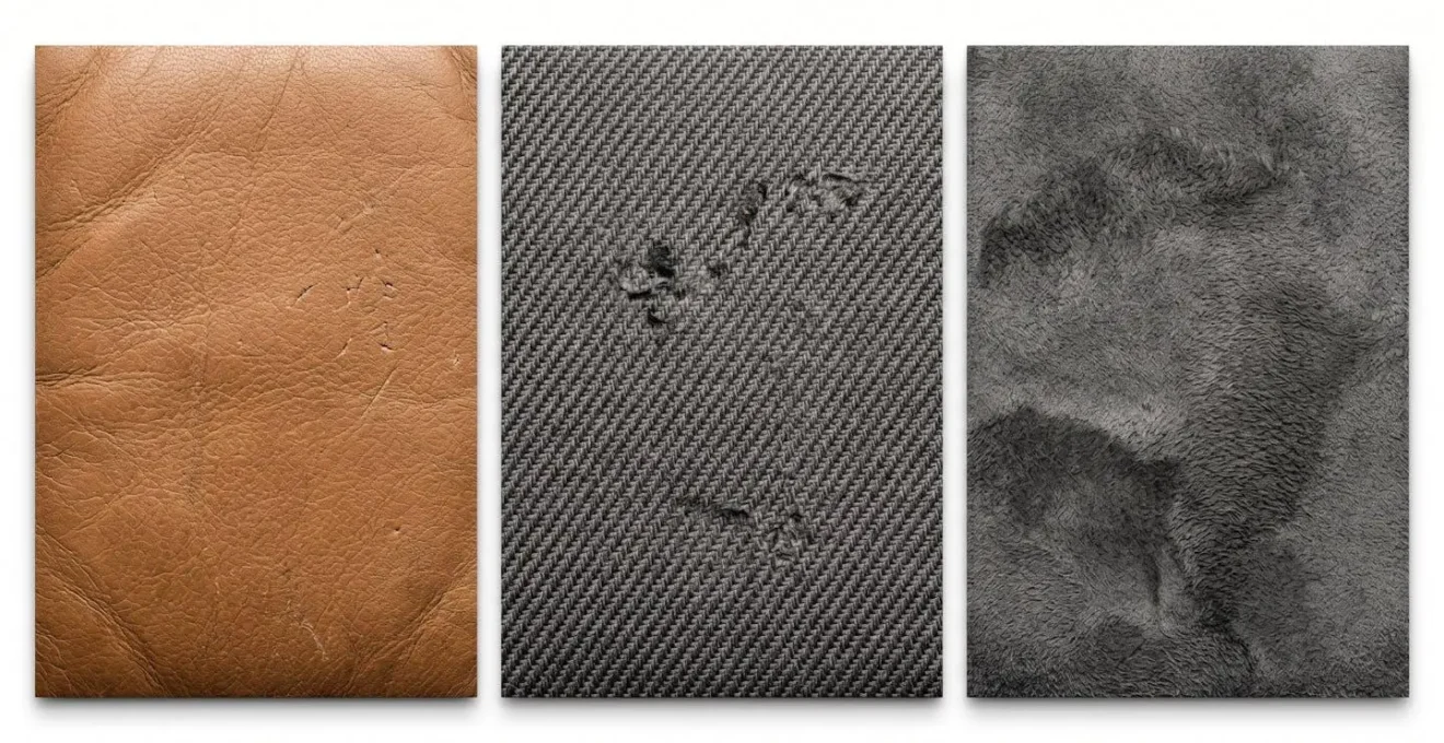 Comparaison visuelle des trois types de revêtements de sièges auto avec traces d'usure typiques