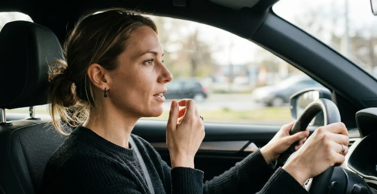 Conducteur utilisant la commande vocale sans quitter la route des yeux