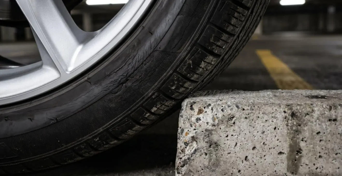 Crossover urbain négociant une rampe de parking souterrain étroite avec ses roues braquées au maximum