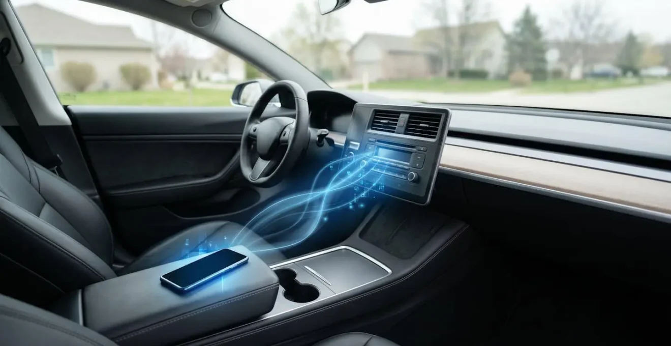 Vue environnementale d'un habitacle de voiture avec smartphone et système audio montrant des signaux sans fil