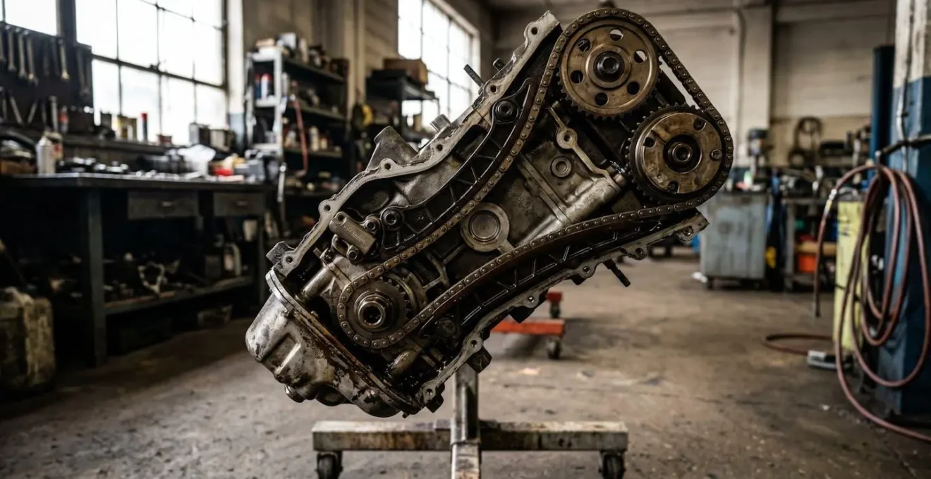 Vue en coupe d'une distribution par chaîne sous tension mécanique extrême