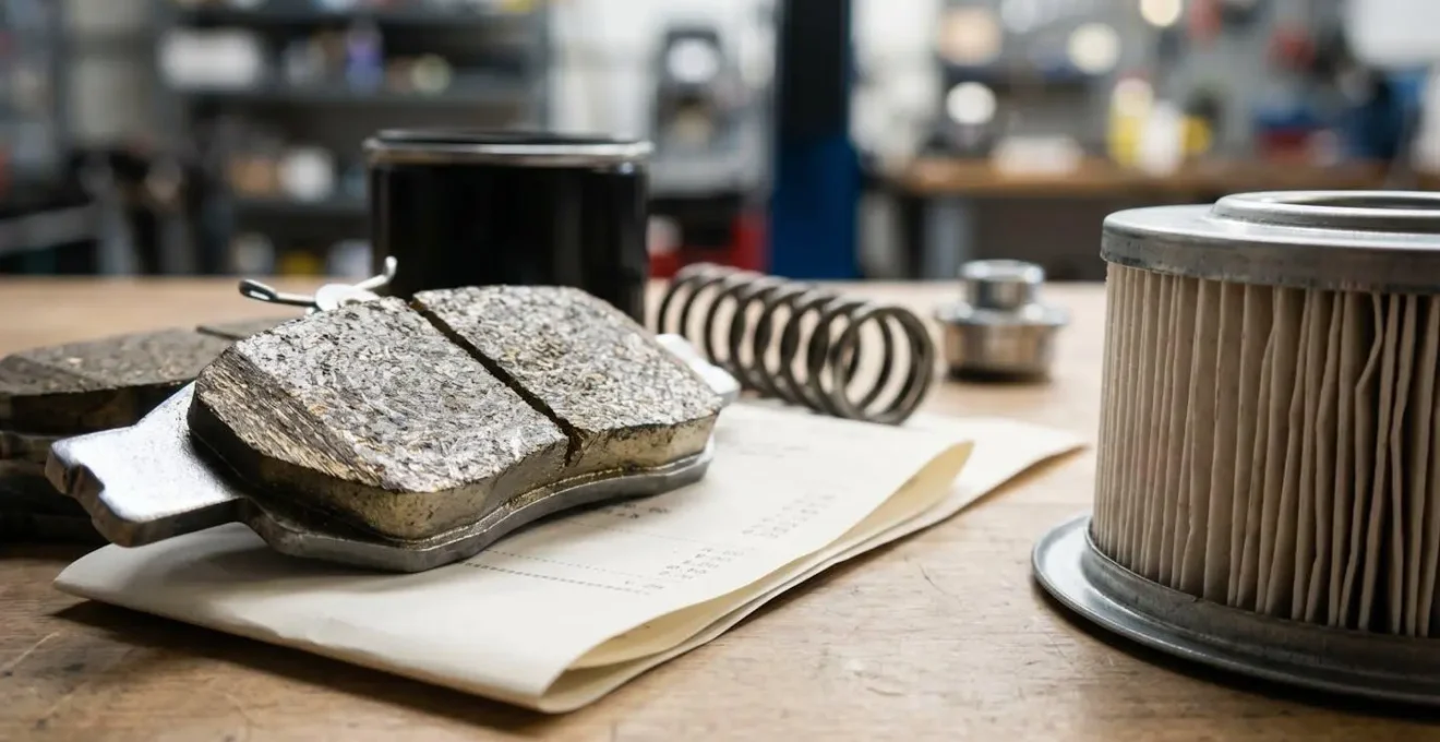 Table de travail avec pièces automobiles neuves et documentation d'entretien organisée