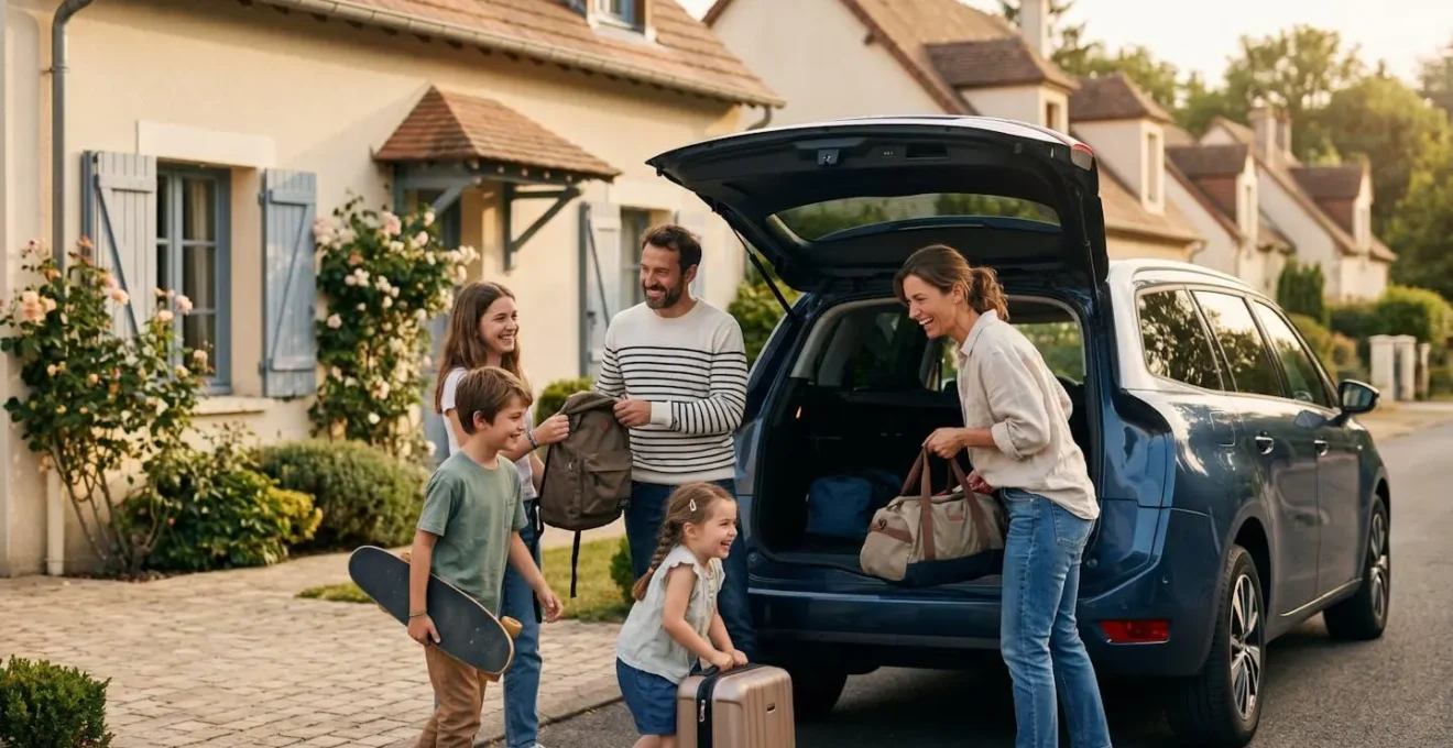 Famille avec trois enfants devant un véhicule 7 places dans un environnement français