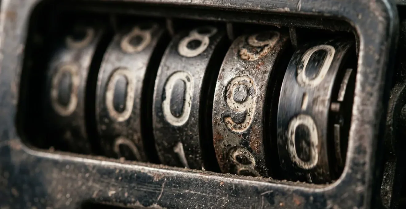 Gros plan macro sur un compteur kilométrique mécanique vintage approchant les 100 000 km