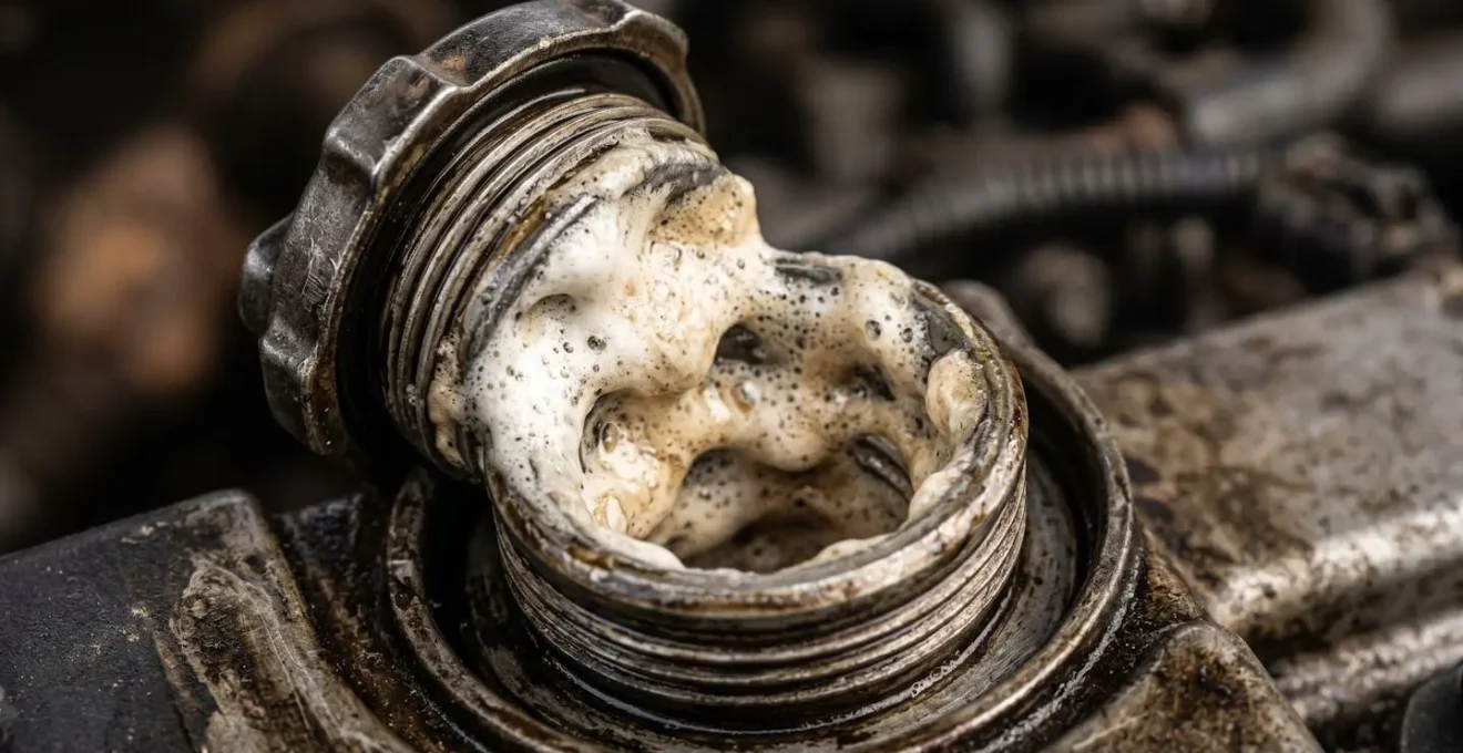 Gros plan sur un bouchon d'huile moteur montrant l'émulsion caractéristique