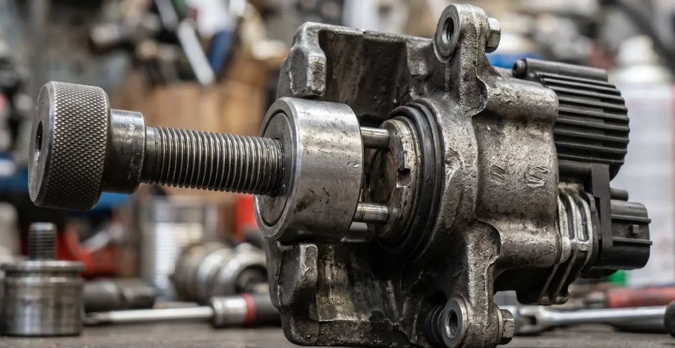 Gros plan macro sur un outil repousse-piston professionnel et un étrier de frein électrique