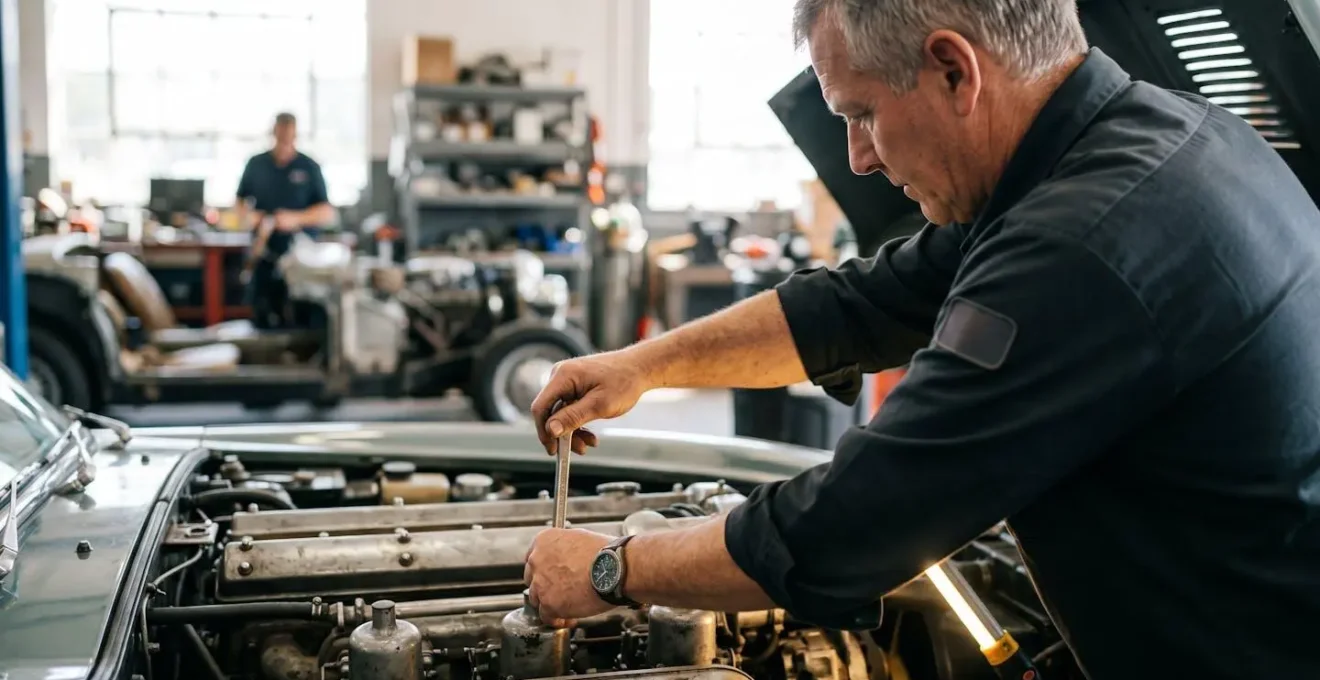 Expert automobile examinant une voiture de collection dans un atelier professionnel