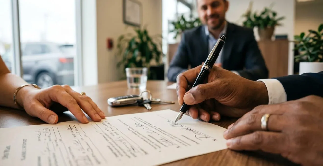 Signature d'une promesse de vente automobile avec documents sur table