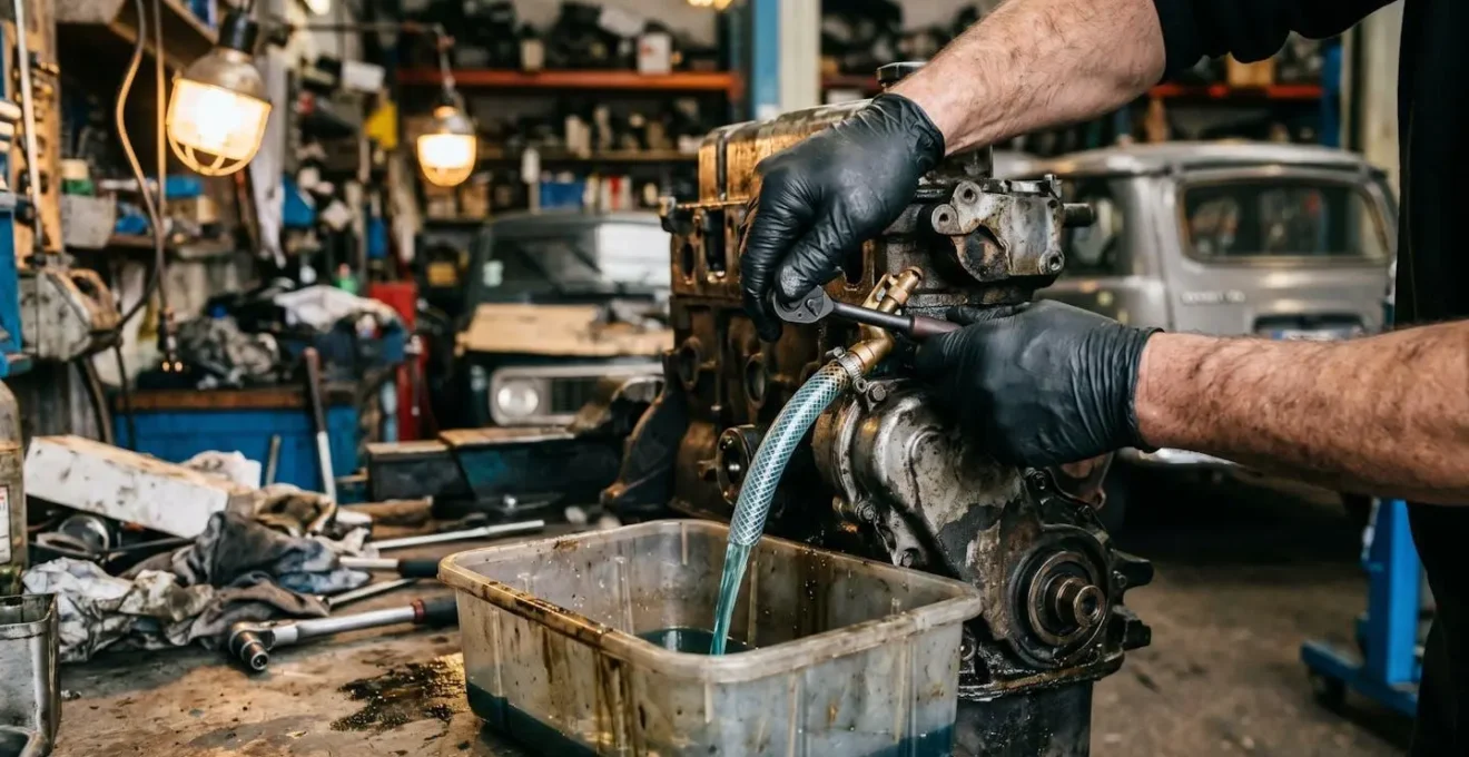 Mécanicien effectuant une purge de liquide de refroidissement sur un moteur avec outils spécialisés