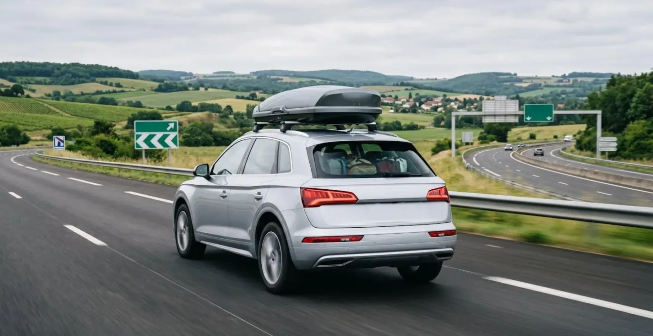 SUV équipé d'un coffre de toit aérodynamique sur autoroute française