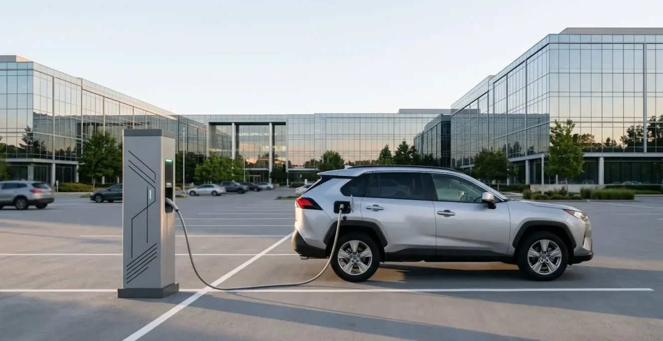 SUV hybride rechargeable branché à une borne de recharge dans un parking d'entreprise
