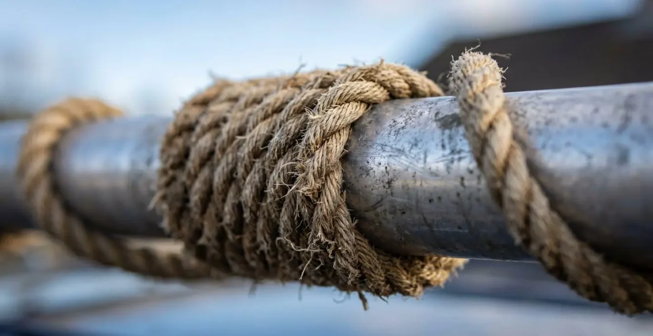Détail d'une corde enroulée en spirale autour d'une barre de toit pour casser le flux d'air