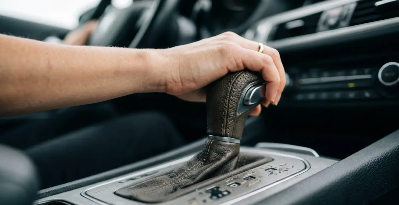 Gros plan sur le levier de vitesse automatique d'une voiture lors d'un test