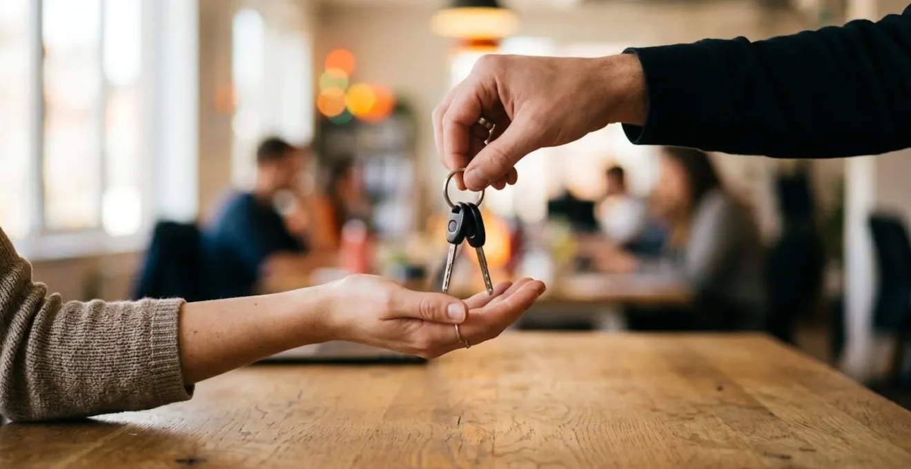 Mains échangeant des clés de voiture au-dessus d'un bureau avec documents flous en arrière-plan