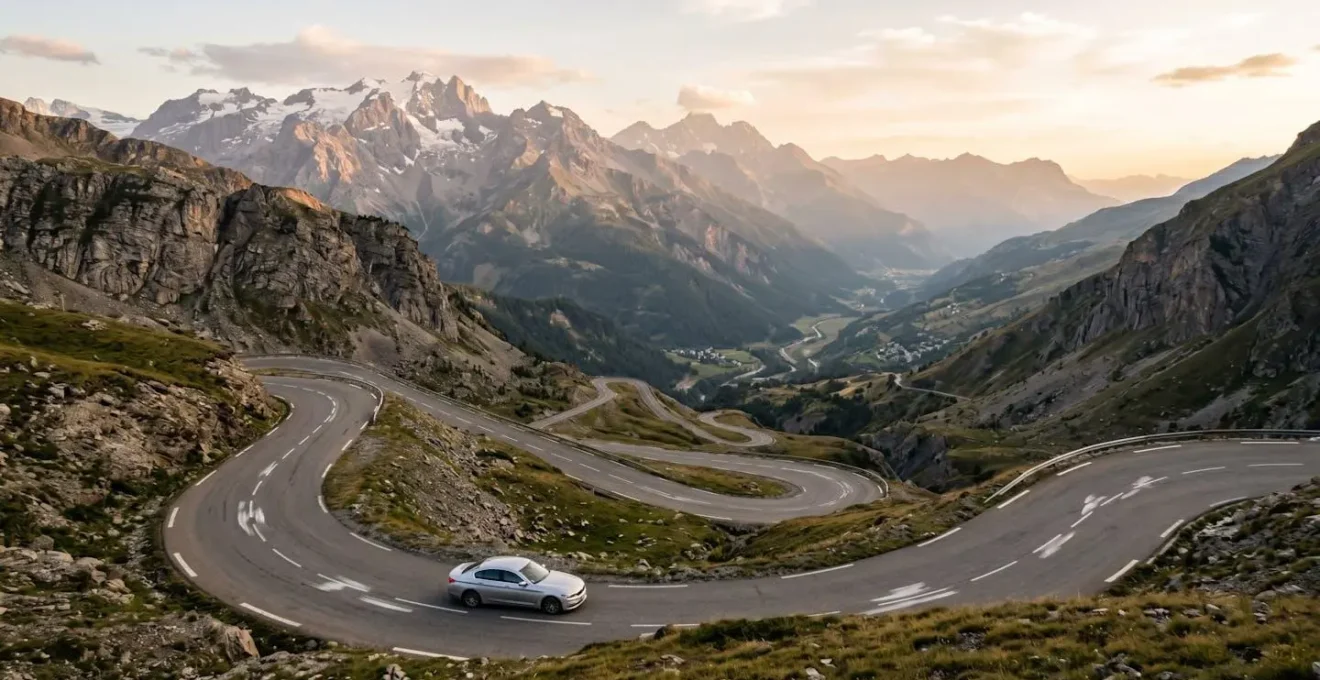 Vue arrière d'une voiture descendant un col de montagne dans les Alpes françaises