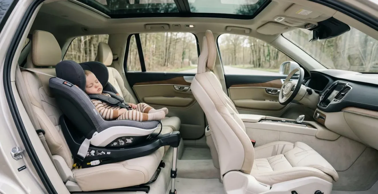 Siège auto installé dos à la route dans un SUV français avec espace optimisé